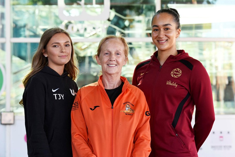 Netball Partnership From Left TU Netball Player Taylor Young, Geraldine Williams From Grangetown Netball Team And Netball Player Brie Grierson